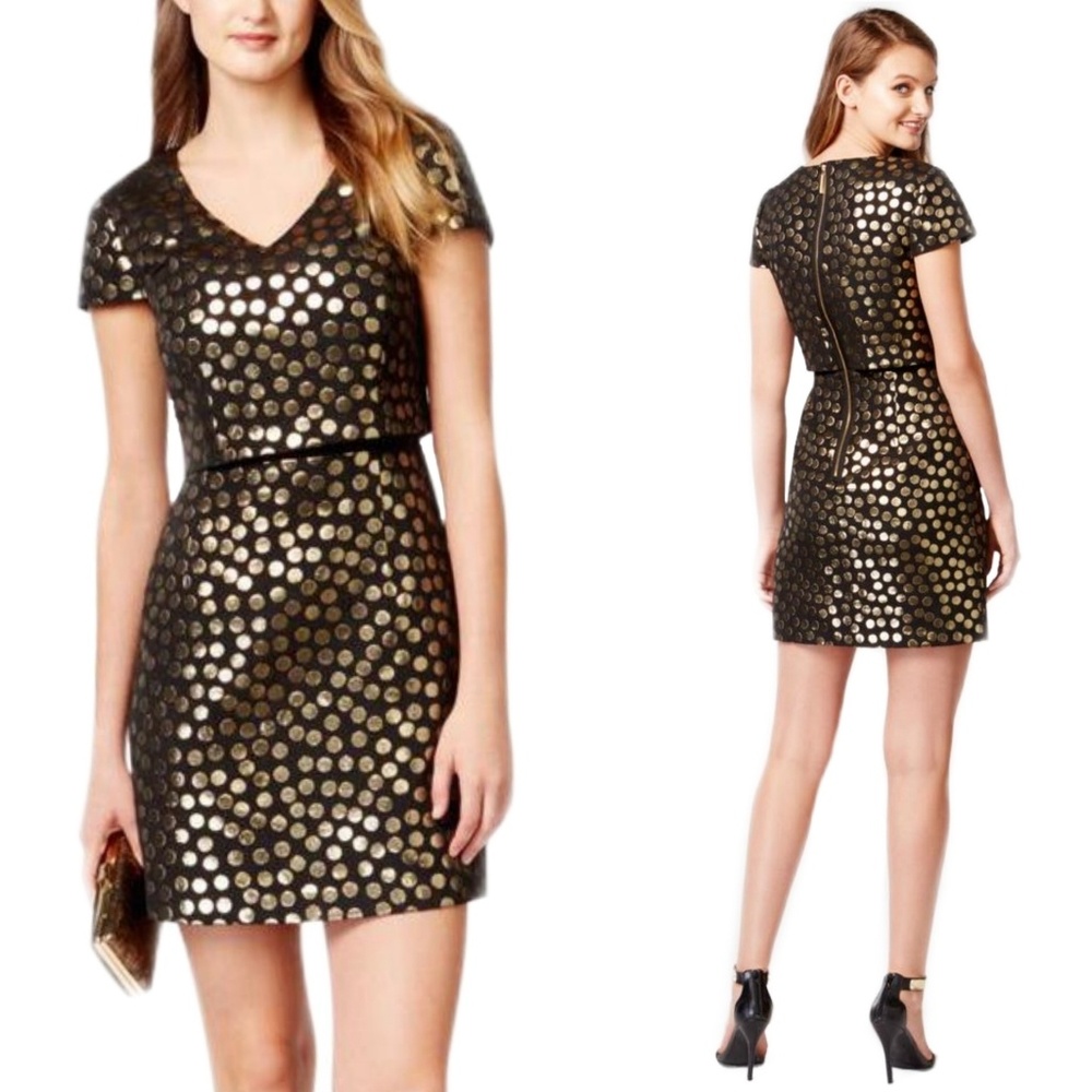 NWOT Kensie Gold Polka Dot Jaquard Popover Dress